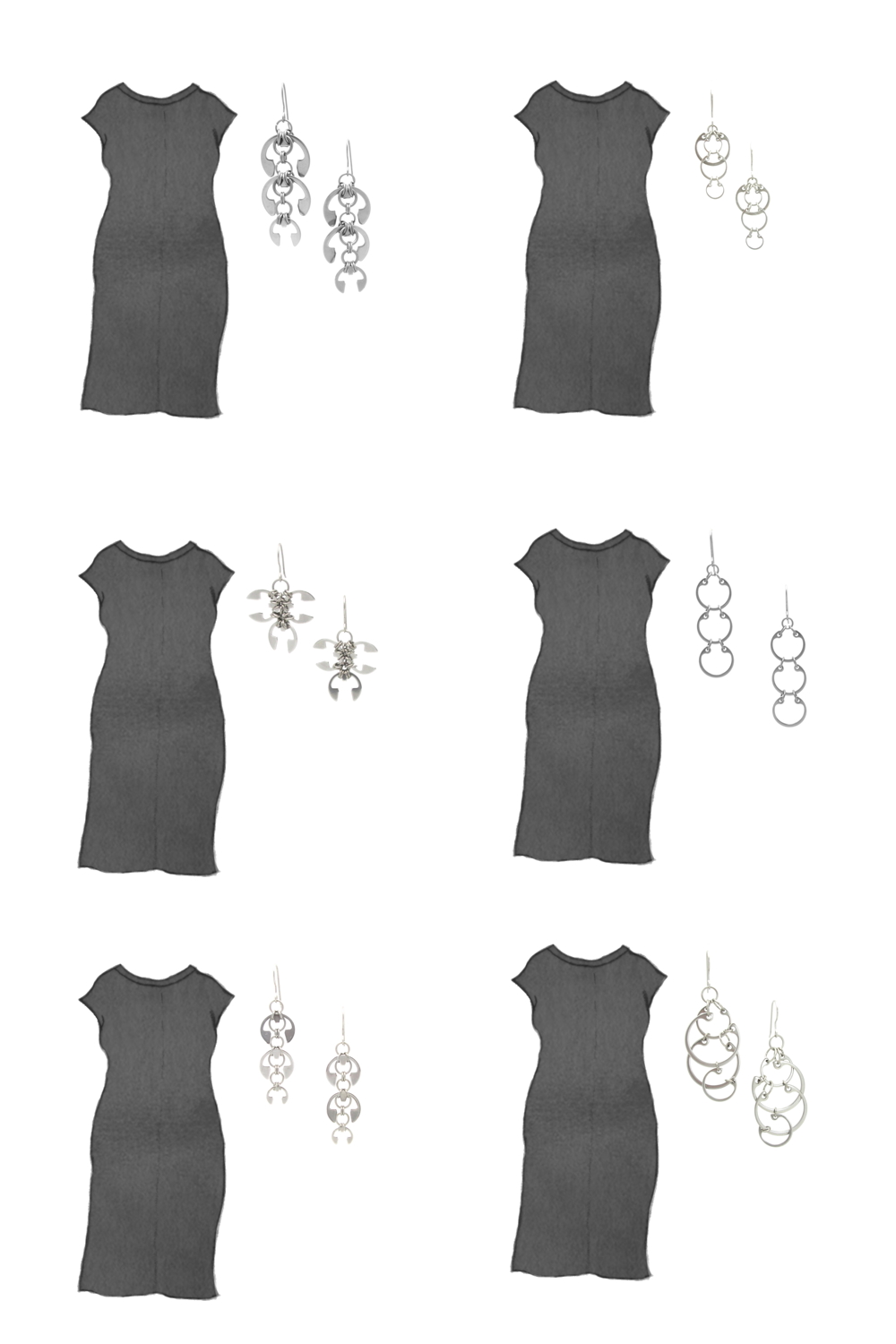 Style sketch of Everlane's Luxe Cotton Side-Slit Tee Dress in black, with 6 styles of Wraptillion's modern chainmail earrings.