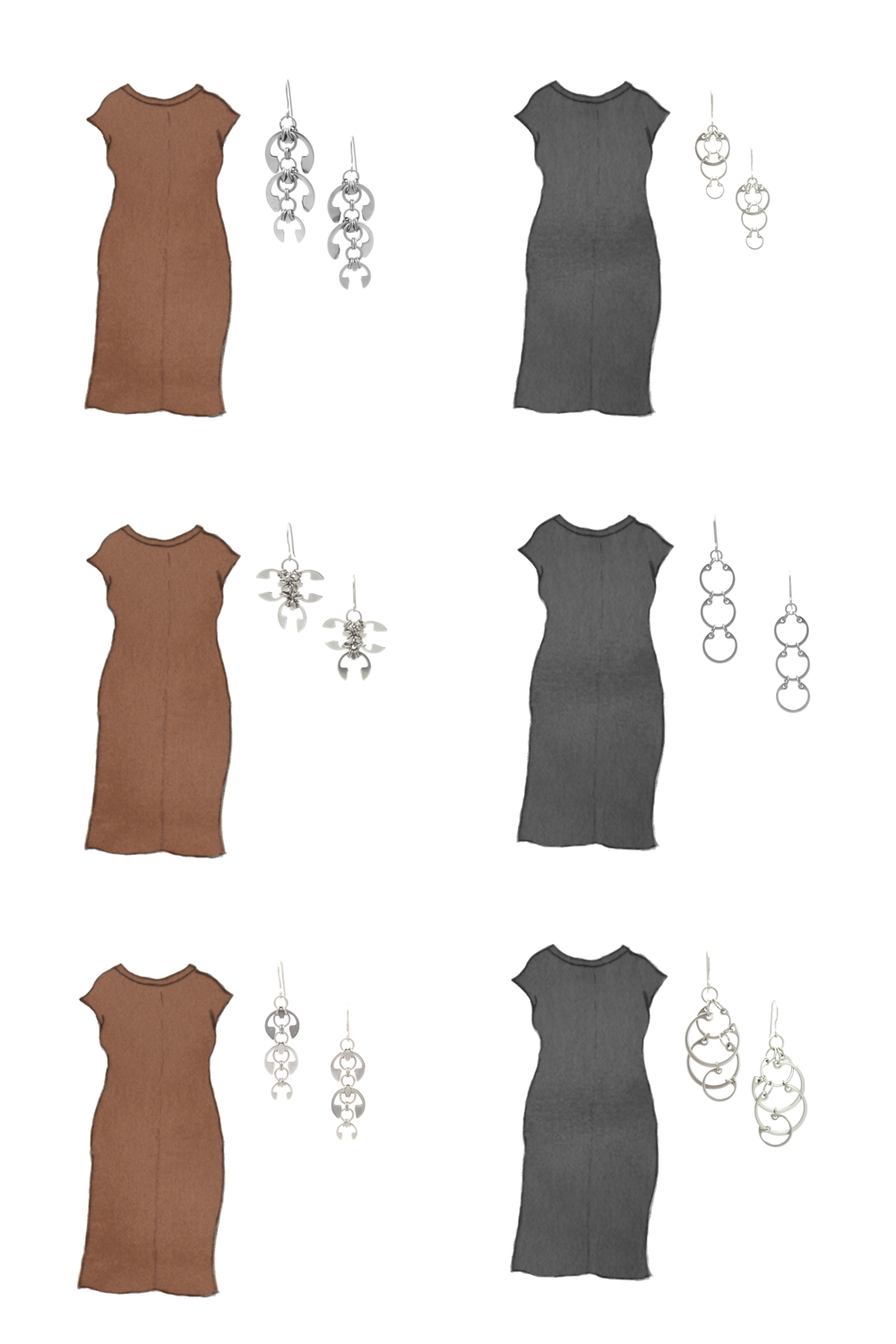 Style sketch of Everlane's Luxe Cotton Side-Slit Tee Dress in brown and black, with 6 styles of Wraptillion's modern chainmail earrings.