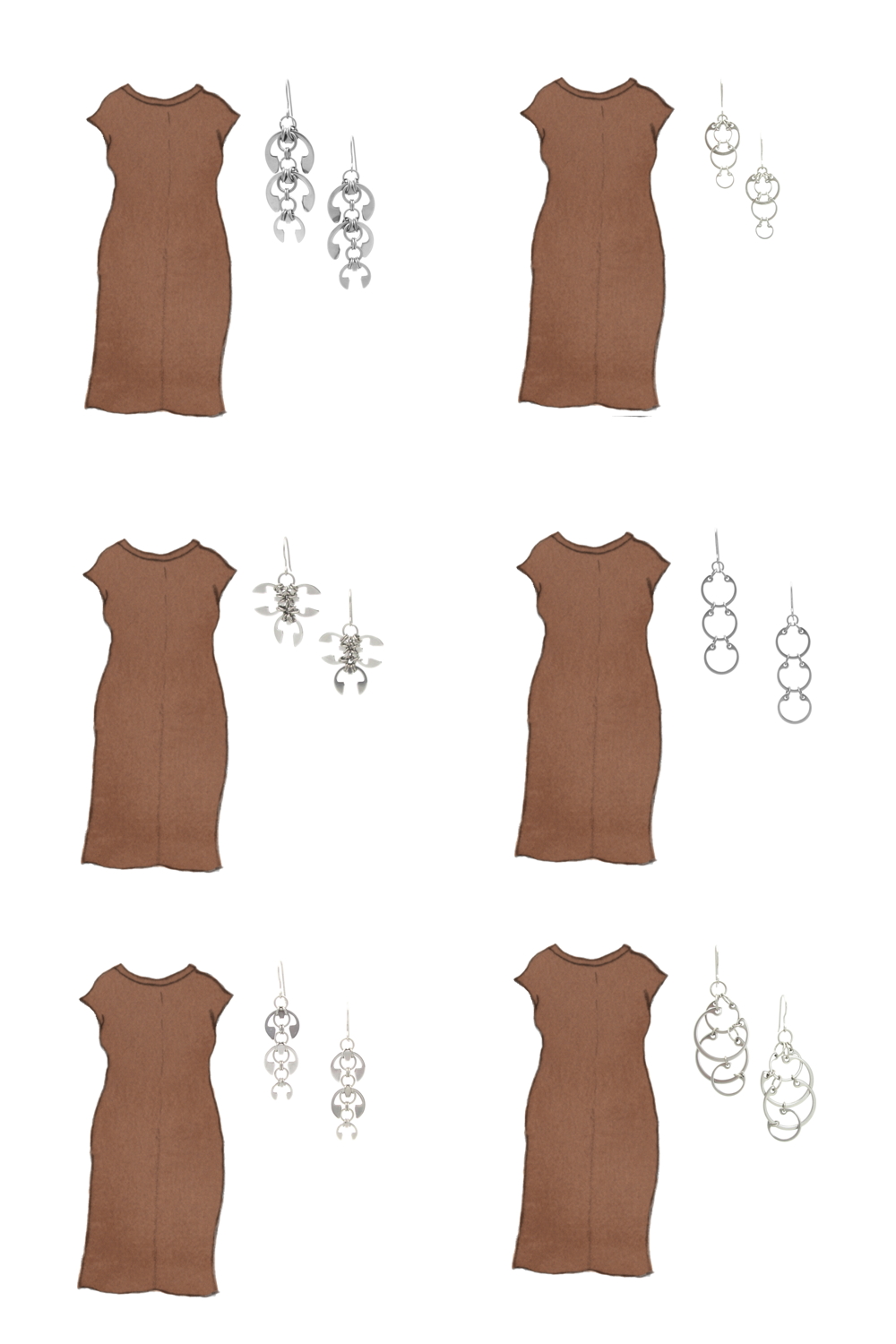 Style sketch of Everlane's Luxe Cotton Side-Slit Tee Dress in brown, with 6 styles of Wraptillion's modern chainmail earrings.