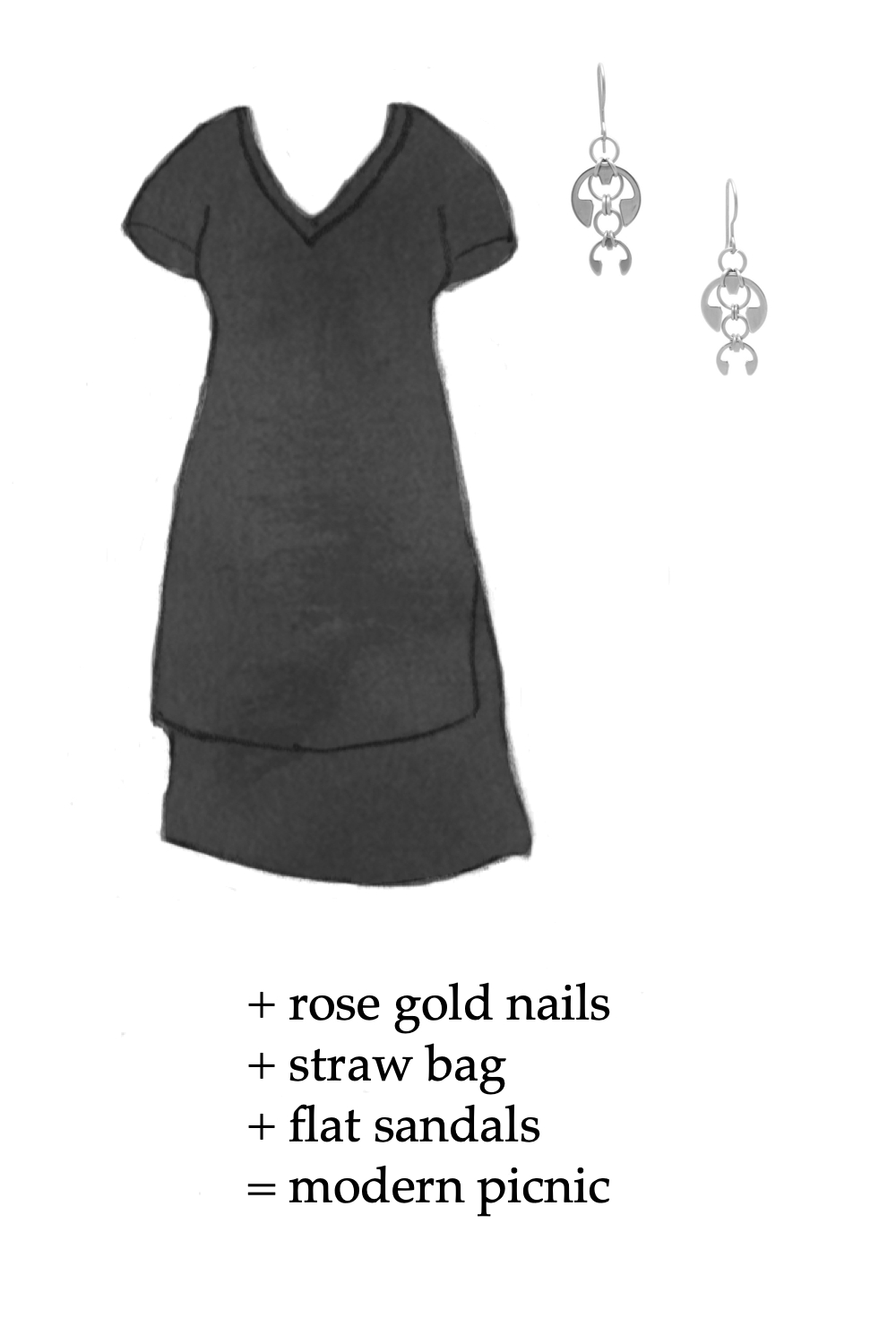 Outfit idea featuring a style sketch of the Tesino Washed Jersey Dress by Universal Standard in black and the Short Fuchsia Earrings by Wraptillion. Text on image reads: + rose gold nails + straw bag + flat sandals = modern picnic.