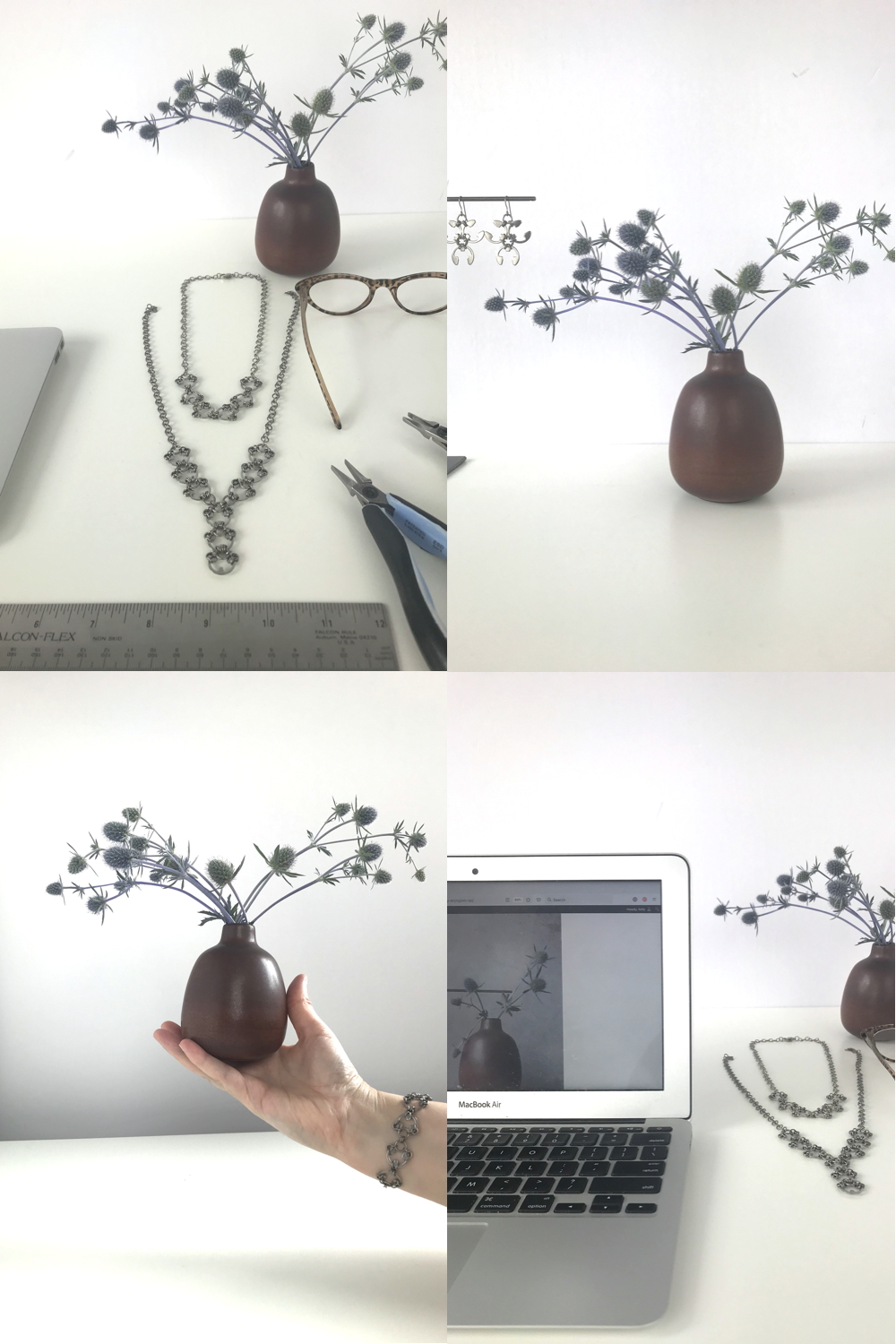 Compiled image of four photos featuring a small floral arrangement of sea holly and Wraptillion's jewelry in the studio.