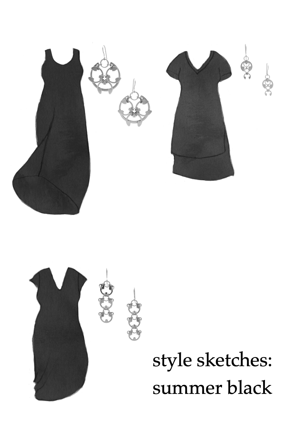 Compilation of three outfit ideas, featuring sketches of knit dresses by Universal Standard and modern floral earrings by Wraptillion. Text on image reads: style sketches: summer black.