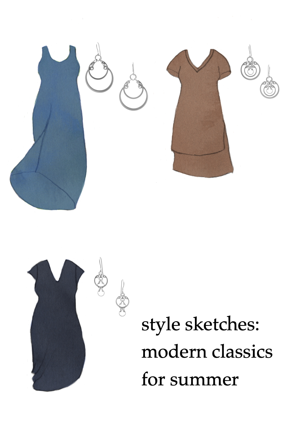 Compilation of three outfit ideas, featuring sketches of knit dresses by Universal Standard in blue, brown, and navy, and modern geometric circle earrings by Wraptillion. Text on image reads: style sketches: modern classics for summer.