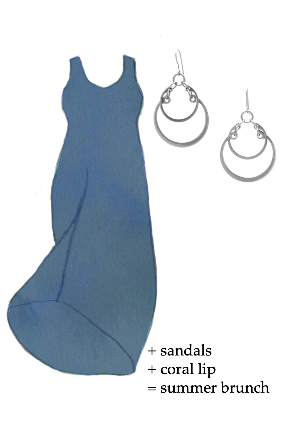 Outfit idea featuring a style sketch of the Athena Dress by Universal Standard in true blue and the Overlapping Graduated Earrings by Wraptillion. Text on image reads: + sandals + coral lip = summer brunch.