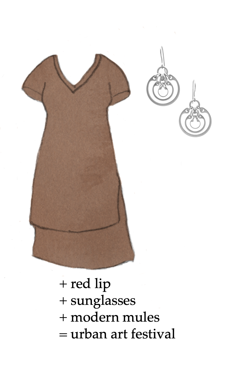 Outfit idea featuring a style sketch of the Tesino Washed Jersey Dress by Universal Standard in olive (brown) and the Small Concentric Earrings by Wraptillion. Text on image reads: + red lip + sunglasses + modern mules = urban art festival.